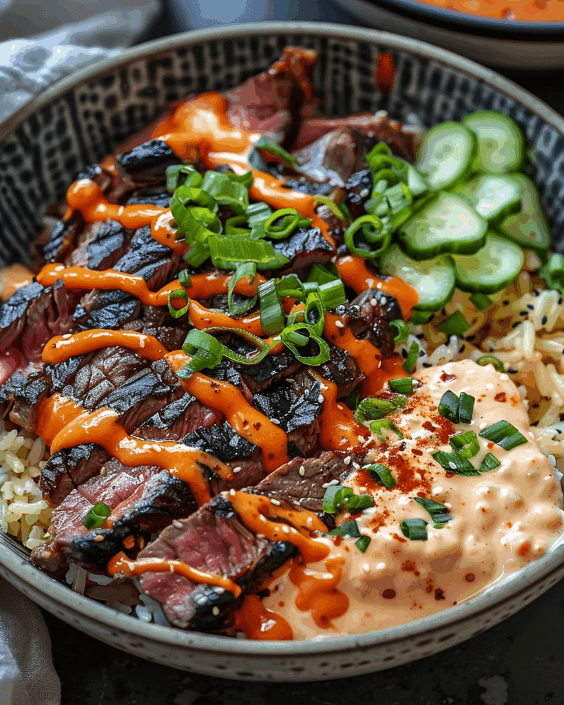 Korean BBQ Steak Rice Bowls with Spicy Cream Sauce