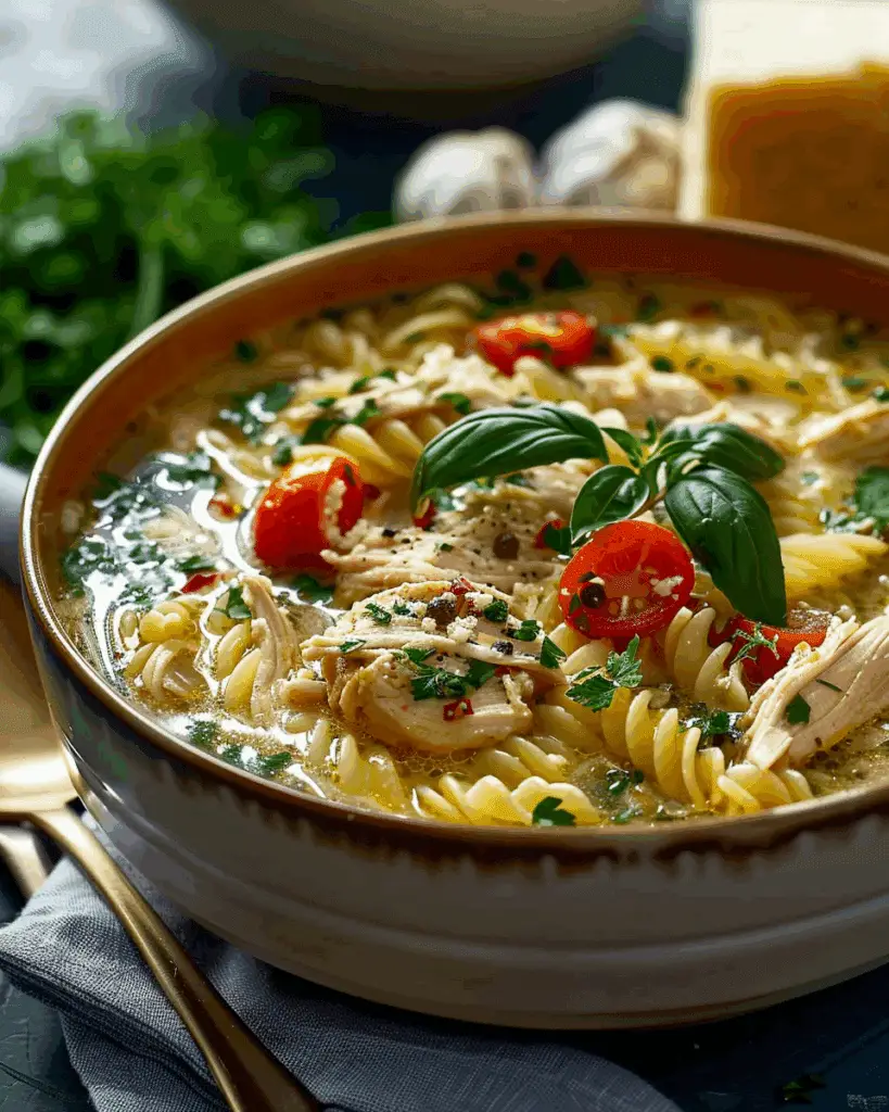 Greek Chicken Pasta Soup