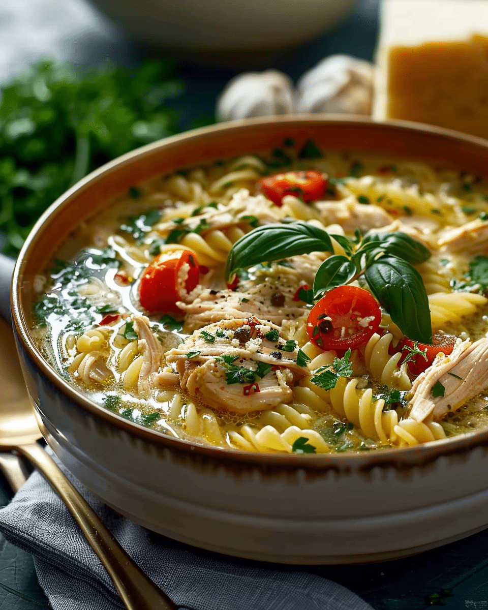 Greek Chicken Pasta Soup