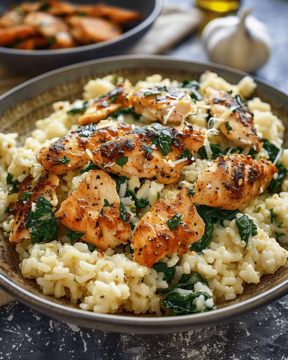 Creamy Parmesan Spinach Rice with Spicy Garlic Chicken