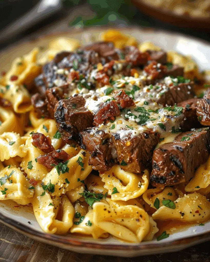 Garlic Butter Steak with Cheesy Alfredo Tortellini