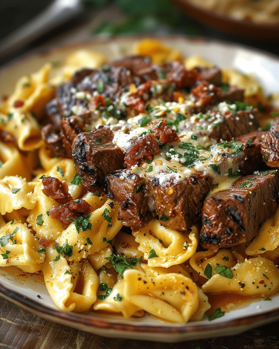 Garlic Butter Steak with Cheesy Alfredo Tortellini
