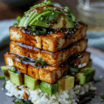 Crispy Teriyaki Tofu and Avocado Rice Stack