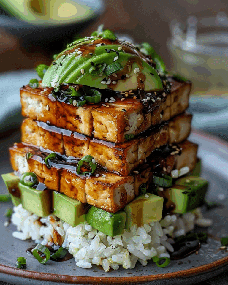 Crispy Teriyaki Tofu and Avocado Rice Stack