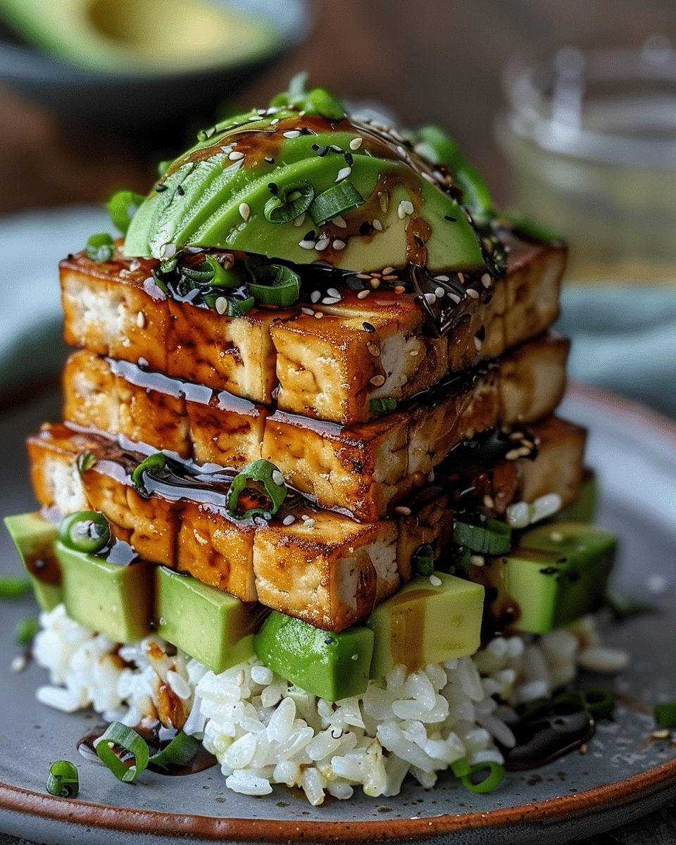 Crispy Teriyaki Tofu and Avocado Rice Stack