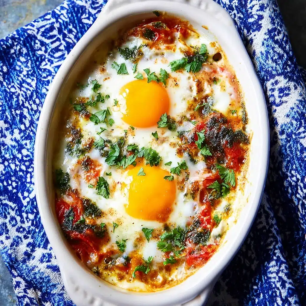 Baked Eggs in Tomato Spinach Cream Sauce Recipe - Recipe Image