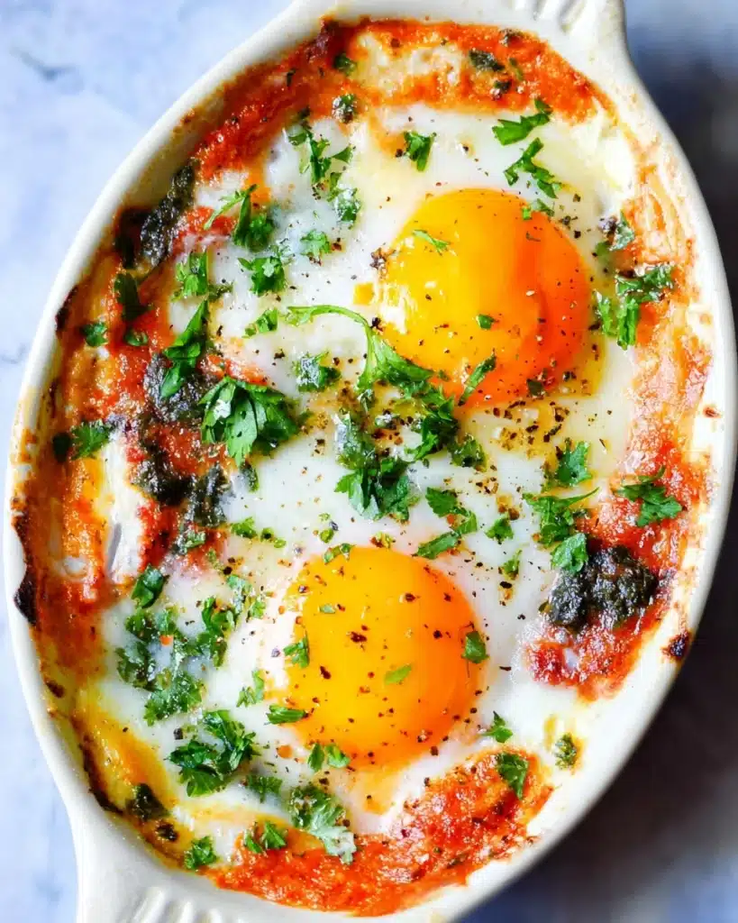 Baked Eggs in Tomato Spinach Cream Sauce Recipe
