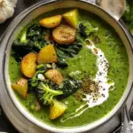 Creamy Spinach Soup with Roasted Potatoes and Broccoli