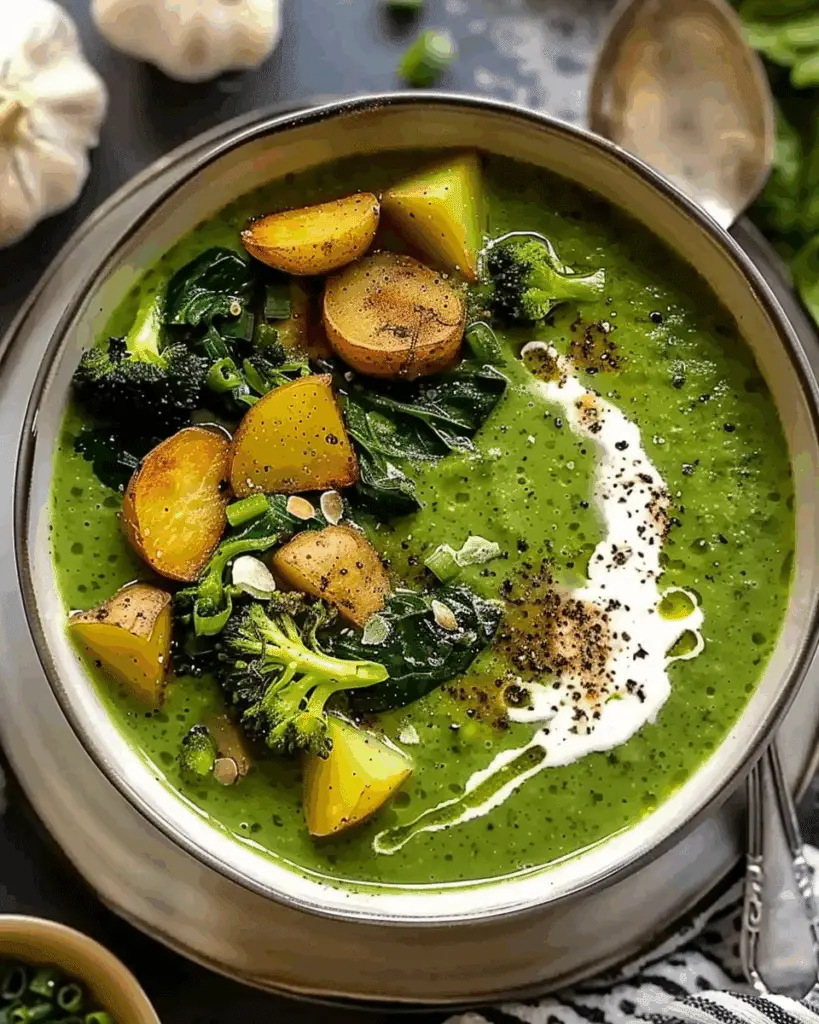 Creamy Spinach Soup with Roasted Potatoes and Broccoli