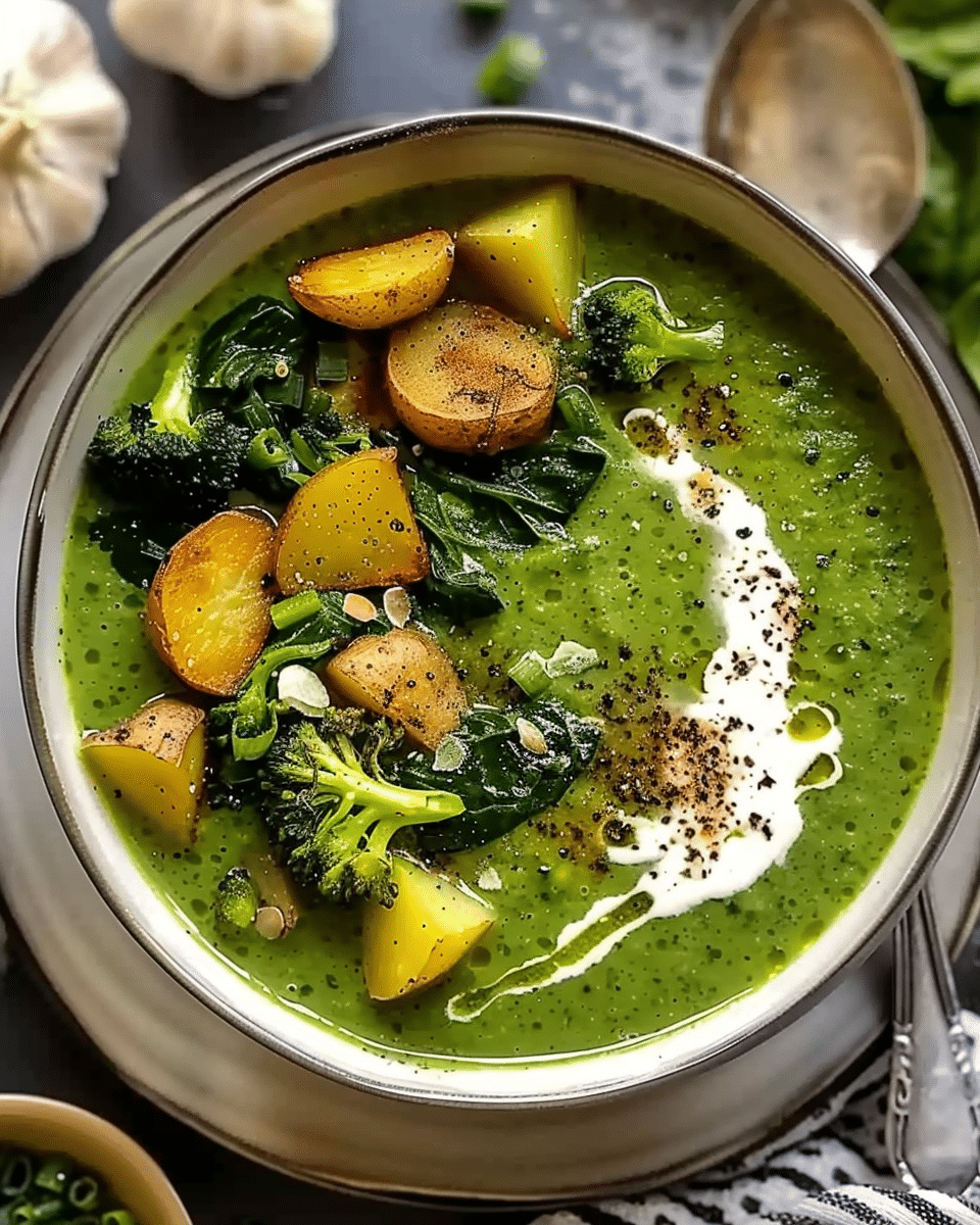Creamy Spinach Soup with Roasted Potatoes and Broccoli