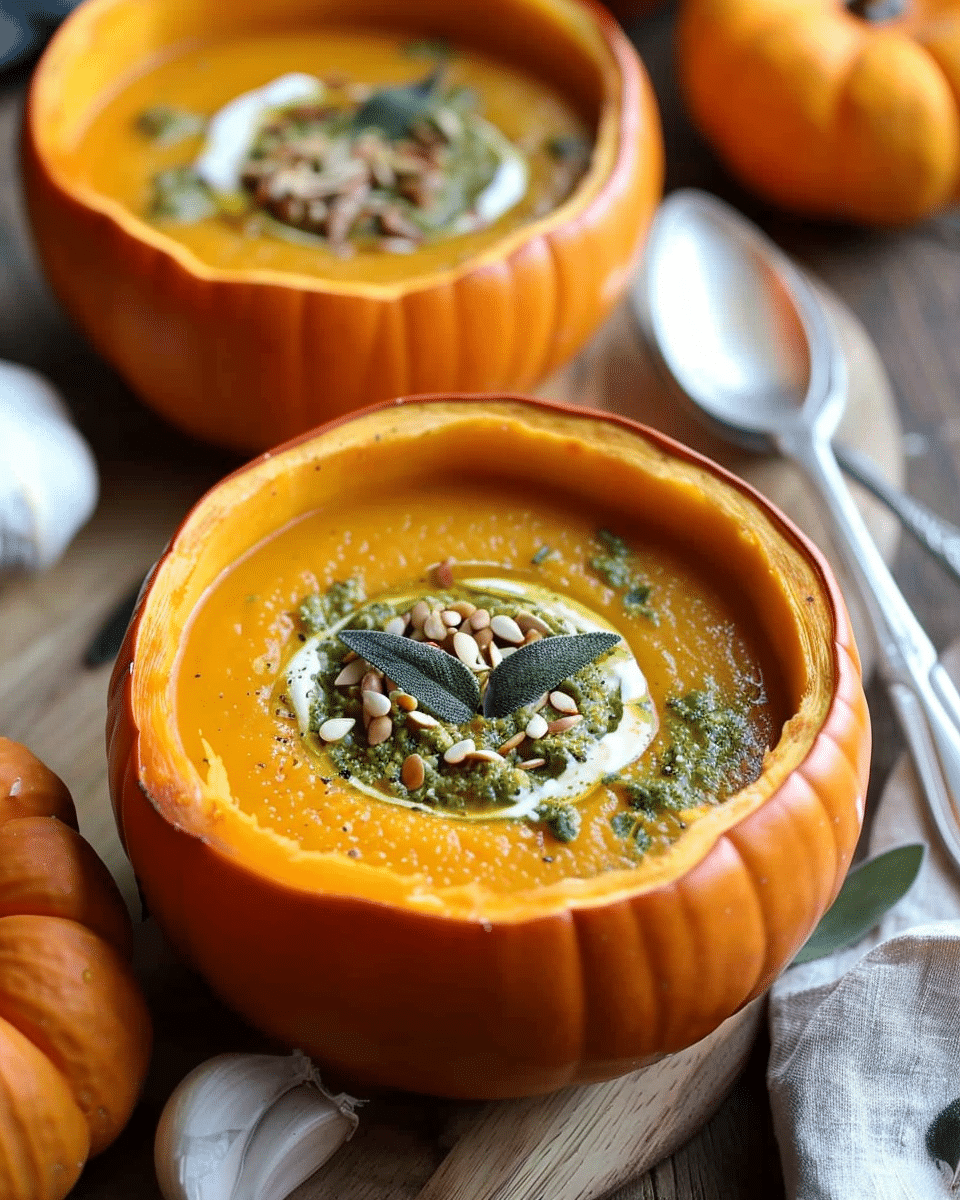 Roasted Garlic Sage Pesto Pumpkin Soup 