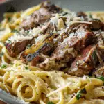 Steak and Creamy Garlic Parmesan Pasta