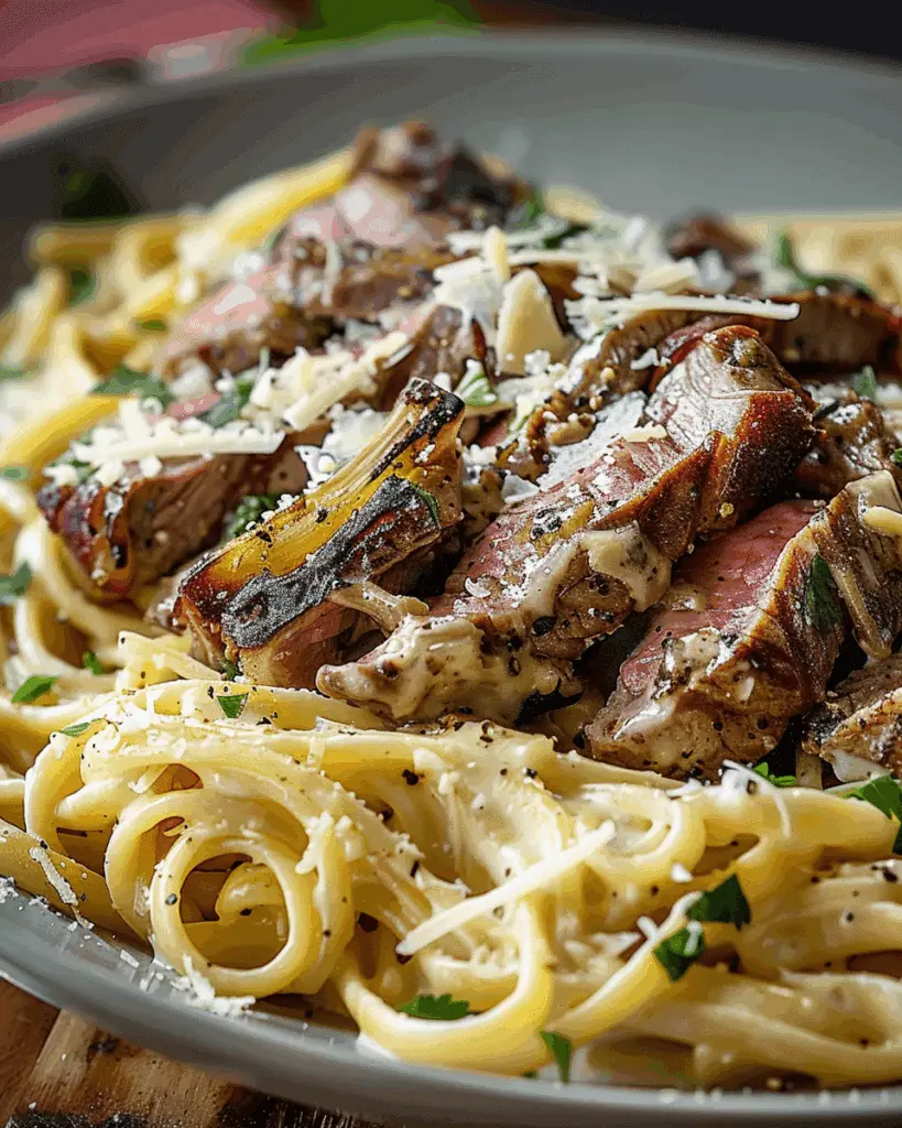 Steak and Creamy Garlic Parmesan Pasta