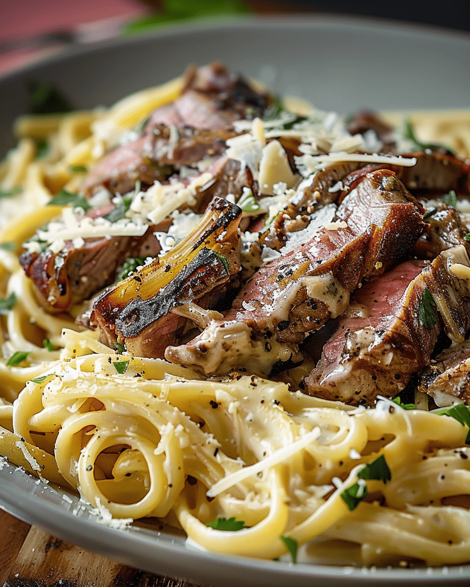 Steak and Creamy Garlic Parmesan Pasta