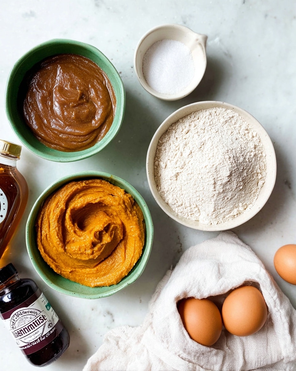 The image shows an arrangement of baking ingredients on a white marbled surface. There are three small green bowls: one filled with a brown, thick mixture with a shiny texture, another with smooth, bright orange pumpkin puree swirled on top, and the third bowl containing fine white flour. Next to the bowls, there is a small white dish holding a white powder. To the right, two brown eggs rest partially covered by a white cloth in a white bowl. A bottle of maple syrup with a round, beige shape and a dark top sits near the pumpkin puree. Lastly, a small dark bottle of vanilla extract is in the bottom left corner. photo taken with an iphone --ar 4:5 --v 7