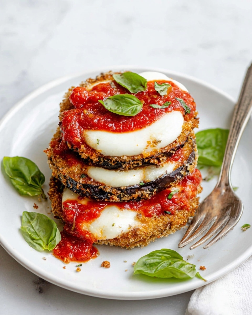 Three layers of fried eggplant slices, each coated in a rough, golden brown crust, are stacked on a white plate with a white marbled background. On top of each eggplant slice is a layer of melted white cheese that has a smooth, slightly browned texture, with bright red tomato sauce spooned over the cheese in uneven patches. Fresh, bright green basil leaves garnish the dish, placed on top and around the stack. A metal fork rests casually on the plate near the food. Photo taken with an iphone --ar 4:5 --v 7