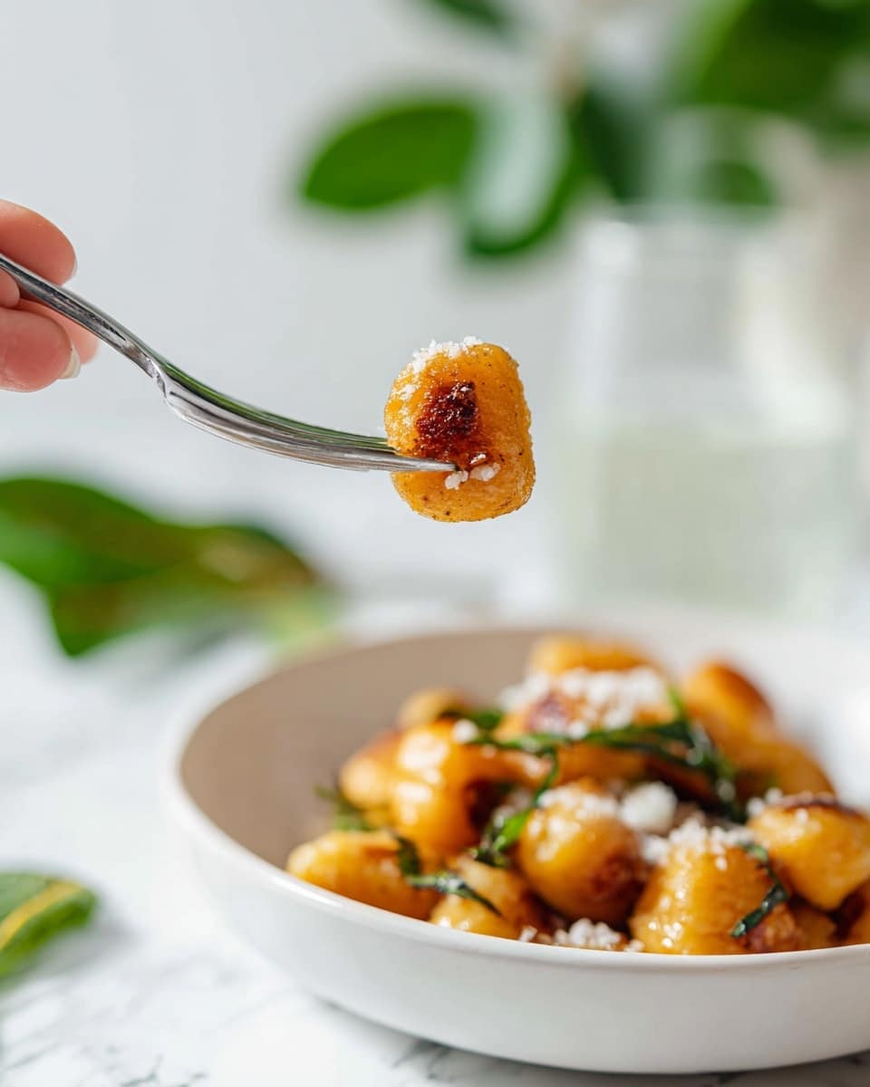 A white bowl filled with about two layers of bright orange gnocchi, each piece having grill marks and a slightly crispy texture. The gnocchi pieces are mixed with small green leaves and sprinkled with thin white shavings, likely cheese, adding light contrast. A silver spoon is placed inside the bowl, resting on the edge. The bowl sits on a white marbled surface with a soft green cloth nearby and two clear glasses of water in the background, along with some blurred green leaves. photo taken with an iphone --ar 4:5 --v 7