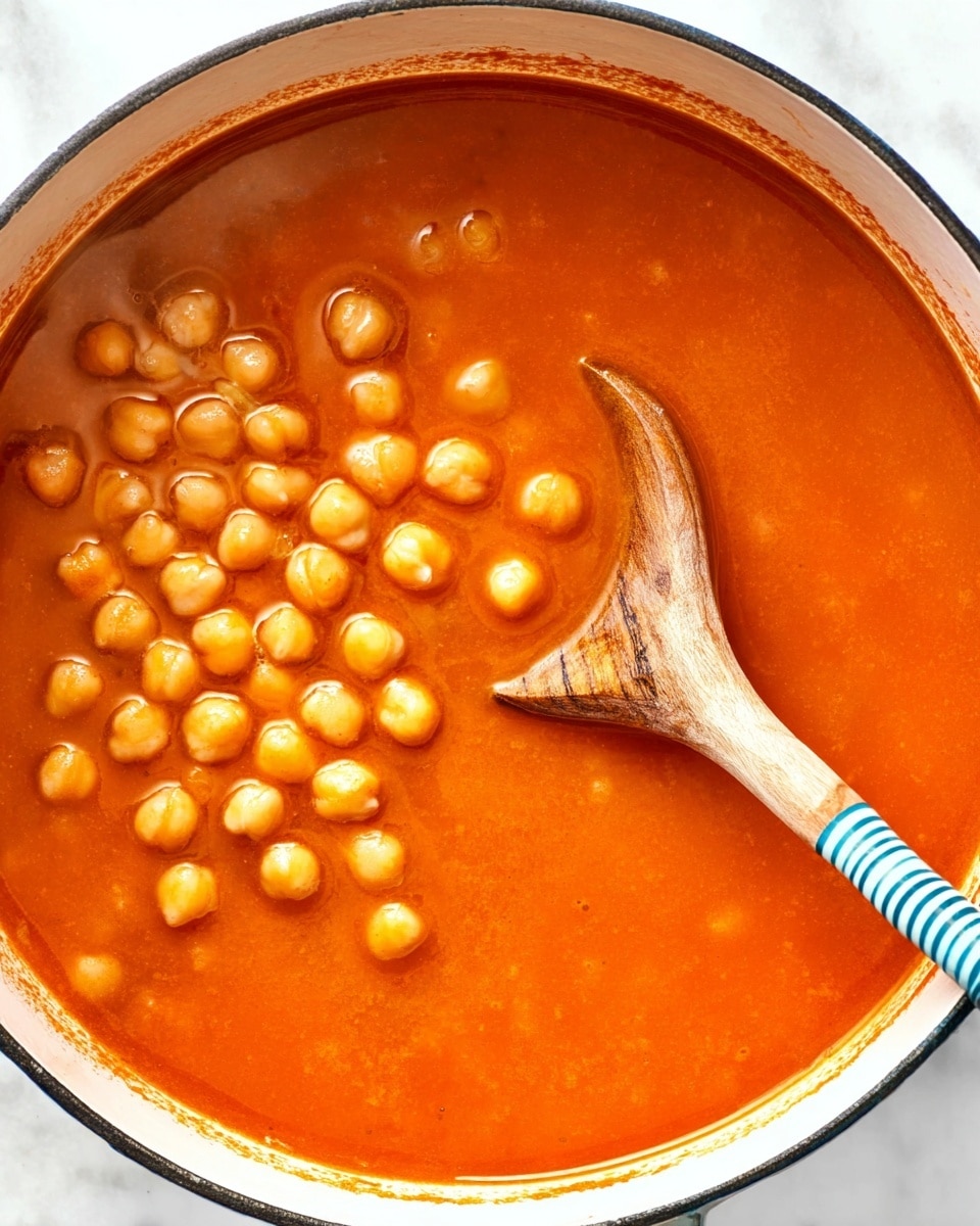 A close-up of a pot filled with bright orange-red soup that has a smooth and slightly oily texture. On the left side, there are many round chickpeas floating on the surface, creating a cluster of pale yellow and light brown colors. A wooden spoon with blue and beige stripes is scooping some chickpeas from the soup. The pot has a white interior rim and a thin black border, and it sits on a white marbled surface. Photo taken with an iphone --ar 4:5 --v 7