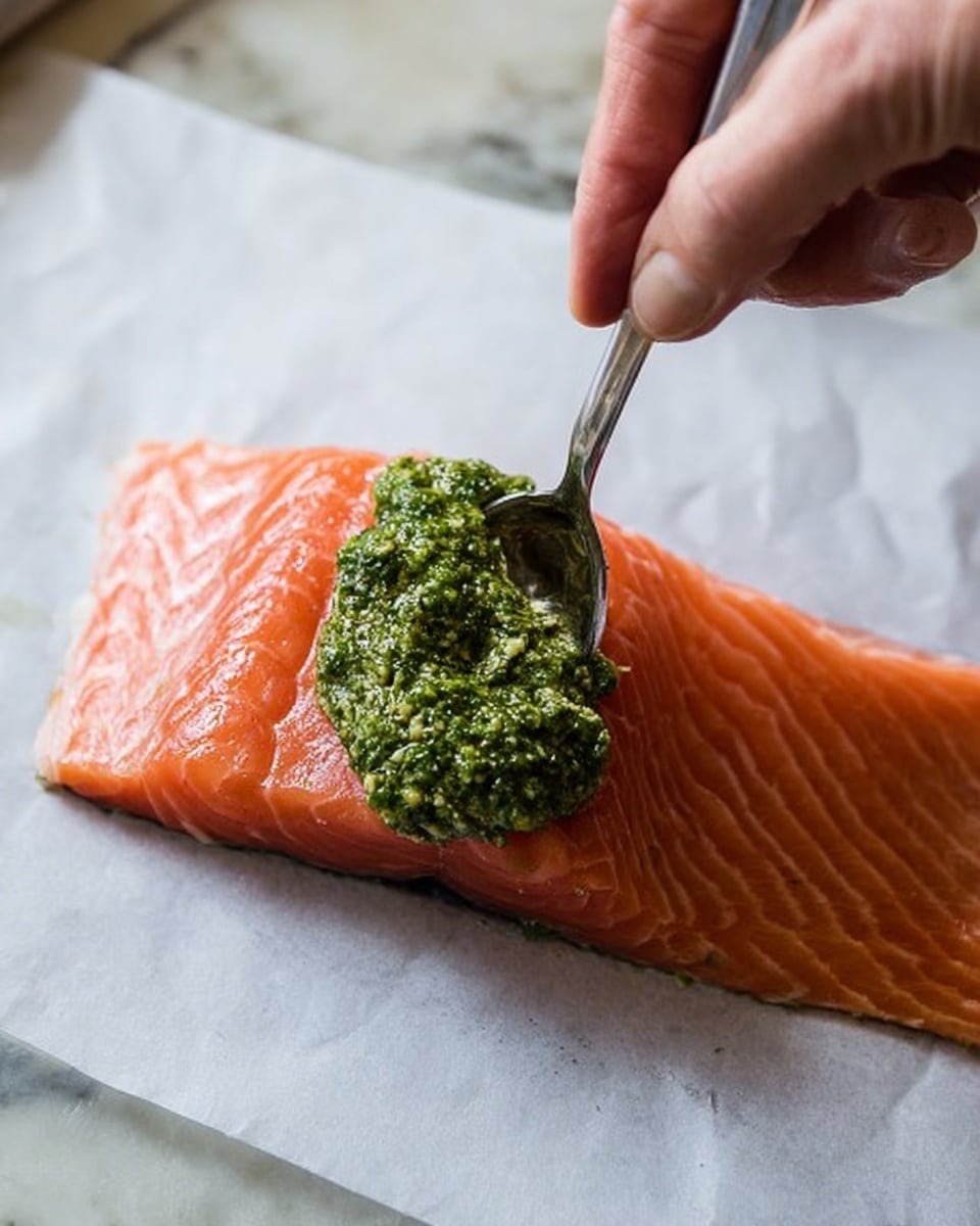 A fresh, raw salmon fillet with a smooth and slightly glossy texture lies flat on white parchment paper. A woman's hand holding a silver spoon gently spreads a thick, bright green pesto sauce evenly over the top of the salmon. The salmon's orange-pink color contrasts with the vibrant green sauce, and the faint lines of the salmon's natural pattern are visible beneath the pesto. The scene is set on a white marbled surface, adding a clean and simple background to the image photo taken with an iphone --ar 4:5 --v 7