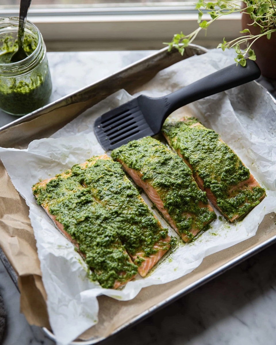 Three long salmon fillets are placed side by side on white parchment paper in a metal tray. Each fillet is covered with a thick, coarse green herb sauce that looks fresh and textured, spread evenly from end to end. The salmon beneath has a light pink color visible under the green topping. In the background, there is a black spatula resting on the parchment and a jar with extra green sauce. Outside the tray, small potted plants sit on a windowsill with soft natural light coming through. The whole scene is set on a white marbled countertop. Photo taken with an iphone --ar 4:5 --v 7