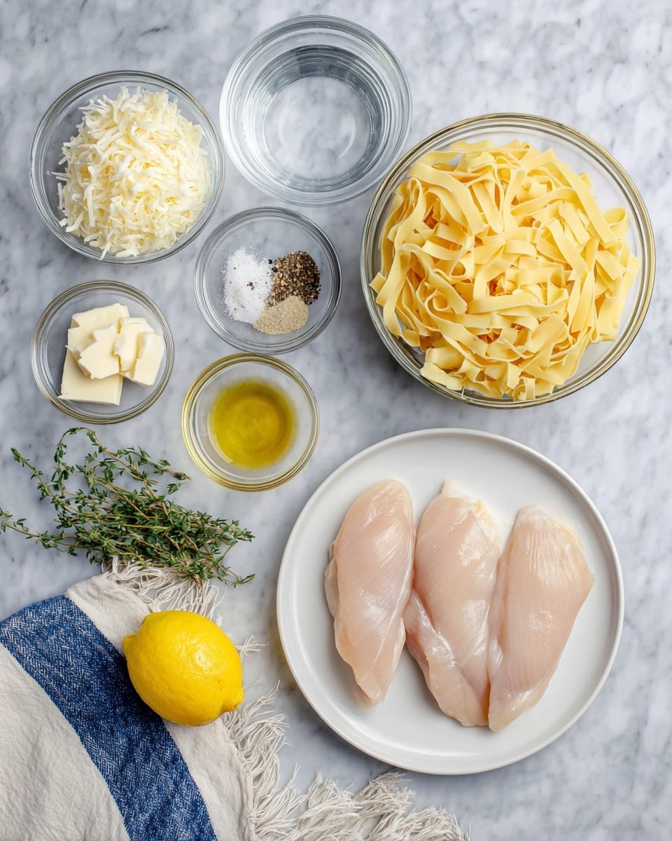 The image shows eight ingredients arranged on a white marbled surface, including three raw chicken fillets on a round white plate on the right side. Above the plate is a clear bowl with water, and above that, a larger clear bowl filled with uncooked wide yellow pasta strips. On the left side are smaller clear bowls with cubed butter, shredded white cheese, chopped garlic, and a mix of black pepper and salt. A small clear cup with golden olive oil is near the bottom left, next to a half lemon with vibrant yellow flesh and a few sprigs of fresh thyme with green leaves. A fringed white cloth with blue stripes is partly visible at the bottom left of the frame. Photo taken with an iphone --ar 4:5 --v 7