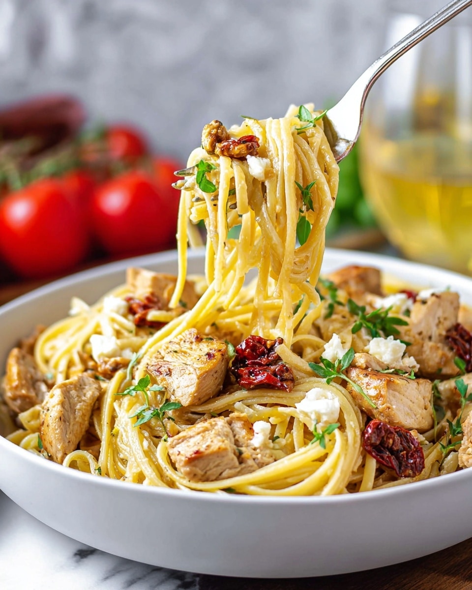 The image shows a white shallow bowl filled with twisted yellow spaghetti noodles as the main layer. Scattered on top are light golden-brown chunks of cooked chicken and slightly charred pale artichoke hearts. There are dark red sun-dried tomato pieces layered around, along with small white crumbles of cheese sprinkled throughout. Fresh small green leaves add a touch of color on the surface. Two vintage silver forks rest inside the bowl, one twirling a small nest of spaghetti with a piece of sun-dried tomato on top. The bowl is set on a dark wooden board, with a white marbled surface underneath. Photo taken with an iphone --ar 4:5 --v 7