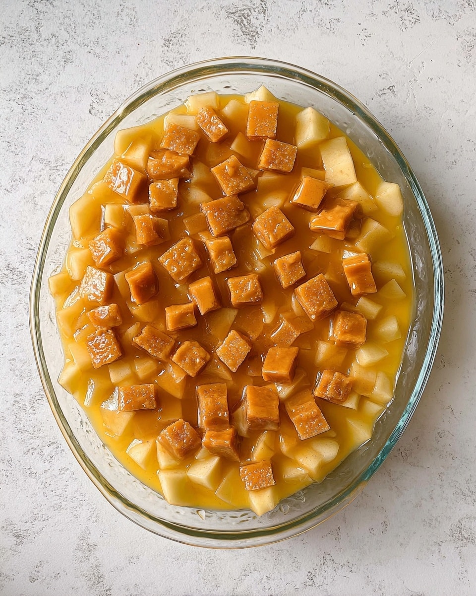 The image shows a clear glass dish filled with cooked apple slices in a yellowish syrup, forming the bottom layer with a shiny, slightly thick texture. On top of the apple layer, there are evenly spread small, caramel-colored cubes that look soft and smooth. The dish is placed on a surface with a white marbled texture. Photo taken with an iphone --ar 4:5 --v 7