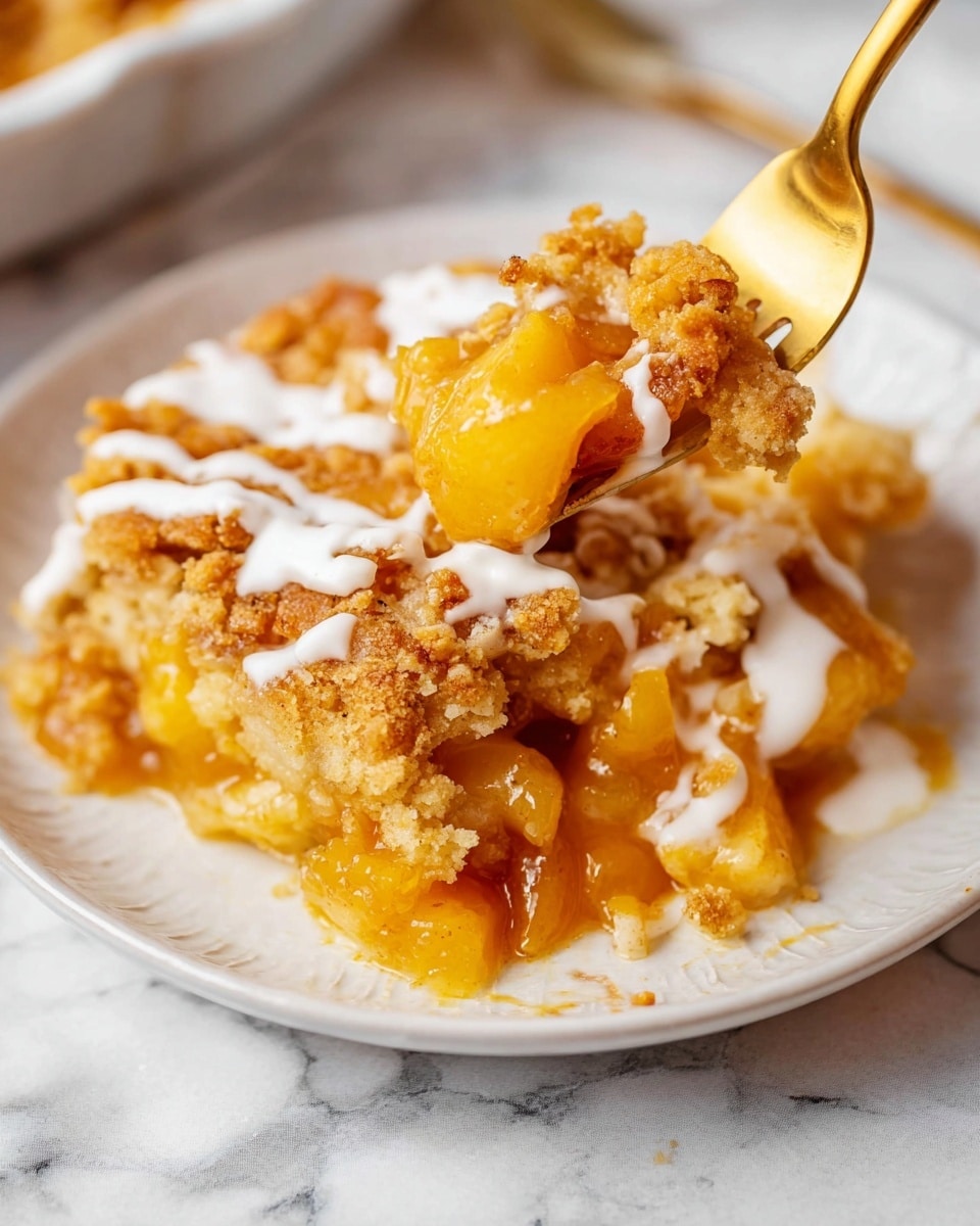 A white plate on a white marbled surface holds a warm peach cobbler with a crumbly golden crust layer on top. The crust looks slightly crunchy with a coastline of baked edges. Below it, there is a thick, glossy layer of soft peach filling that has a warm orange color. On top, there are drizzles of white cream or sauce adding a smooth texture contrast. A golden fork is lifting a bite, showing the layers clearly: crust on top, juicy peach filling underneath, and some creamy drizzle around. The scene looks cozy and inviting. Photo taken with an iphone --ar 4:5 --v 7