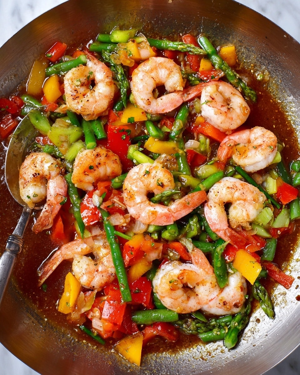 The dish shows a close-up of cooked shrimp with colorful chopped bell peppers and green beans in a shiny metal pan. There are about 12 shrimp, pinkish-orange with some white parts, placed on top and mixed evenly with the chopped vegetables. The vegetables include bright red, yellow, and green bell pepper pieces, along with green beans cut into small sections. The sauce underneath is a glossy brown, slightly thick, coating the shrimp and vegetables. A metal spoon appears on the bottom left side, partly dipped in the sauce. The texture is moist and fresh with a mix of smooth, firm shrimp and crisp vegetables on a white marbled surface. photo taken with an iphone --ar 4:5 --v 7