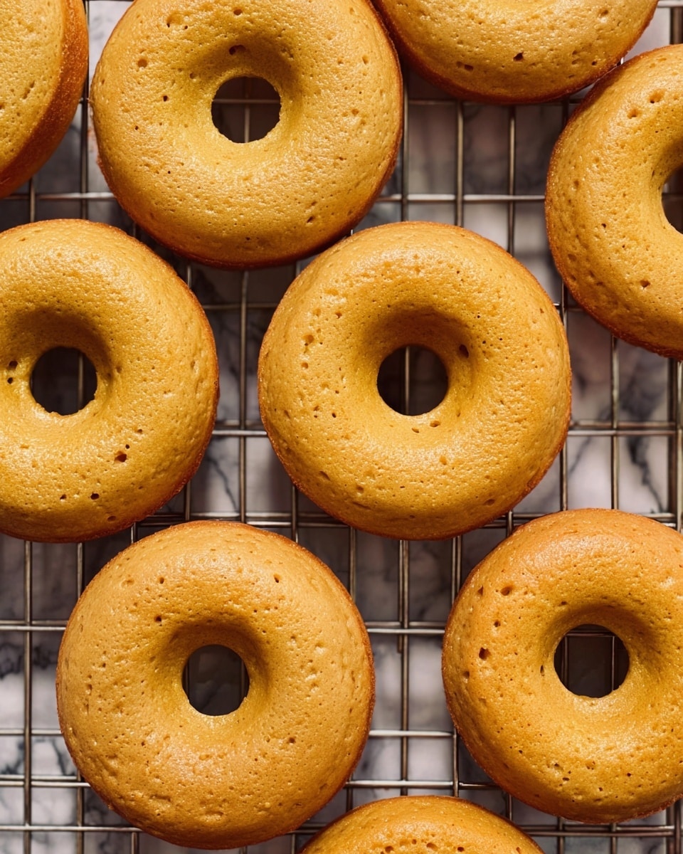 The image shows several light brown baked donuts with a smooth, slightly cracked texture on top. They have a slightly shiny surface indicating softness, with small holes in the center of each donut. The donuts are arranged closely on a metal cooling rack with a grid pattern, and the background is a white marbled texture. The donuts are round and uniform in size, with a golden-yellow color. photo taken with an iphone --ar 4:5 --v 7