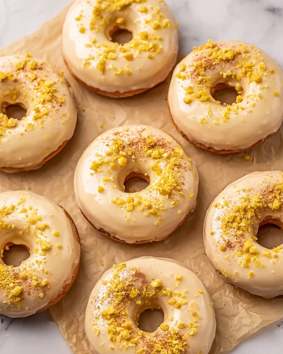The image shows seven round donuts with a hole in the middle, each covered in a smooth, pale yellow glaze. Each donut has a topping of small chopped yellow bits and a light sprinkle of fine brown powder mostly placed on one side of the donuts. The donuts are arranged on a light brown parchment paper with soft folds, all set against a white marbled surface. The donuts are evenly spaced with some near the edges of the frame, showing their soft texture and slight gloss from the glaze. Photo taken with an iphone --ar 4:5 --v 7