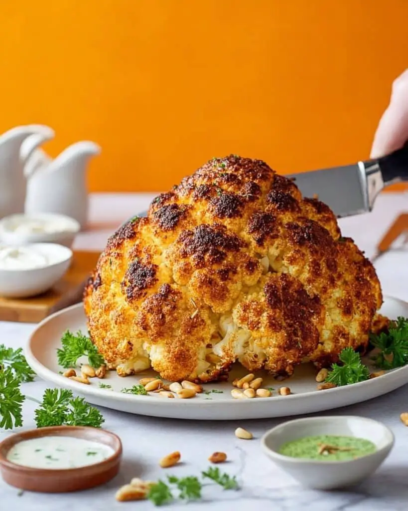 Whole Roasted Cauliflower with Whipped Feta, Herb Sauce, and Pine Nuts Recipe