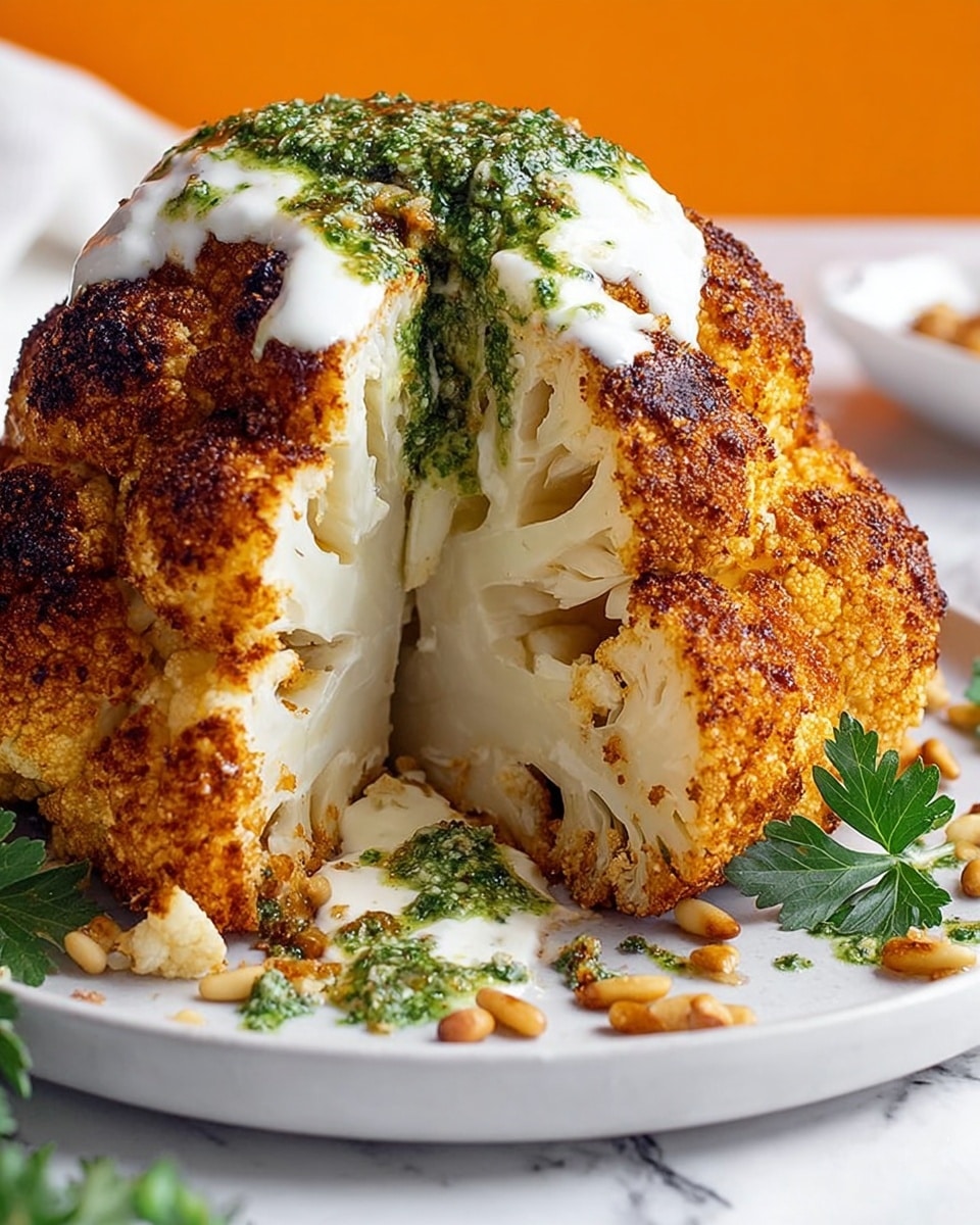 The image shows a whole roasted cauliflower cut in half on a white plate, revealing its white, firm inner layers with a golden brown crispy outer layer that is well roasted. On top of the cauliflower, there is a thick layer of creamy white sauce with a drizzle of green pesto-like sauce adding contrast. The plate is placed on a white marbled surface with some green herbs and pine nuts scattered around, adding freshness and texture. The background is bright orange, making the dish stand out. Photo taken with an iphone --ar 4:5 --v 7