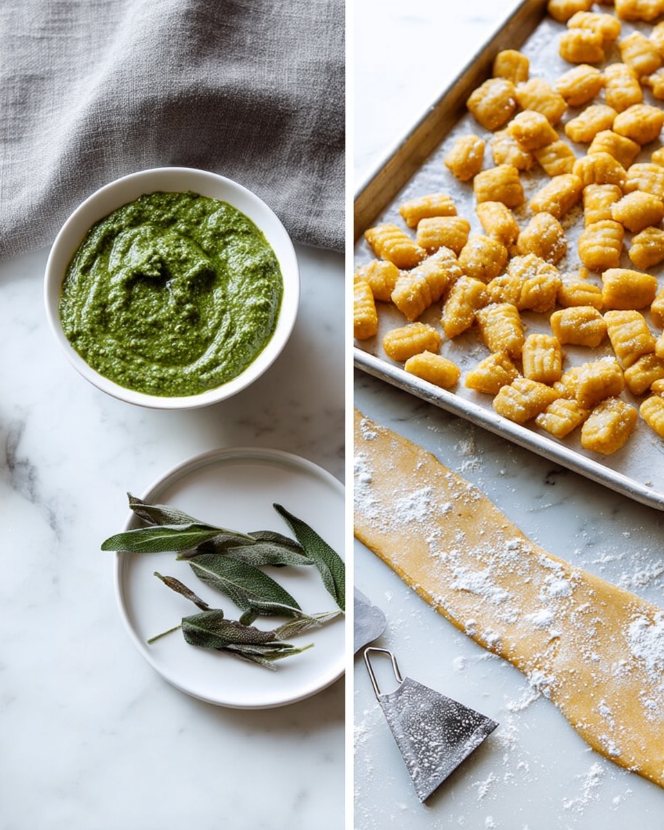 The left side shows a small white bowl filled with green pesto sauce with a thick, slightly grainy texture, placed near the top left corner on a white marbled surface, next to a grey cloth; below the bowl is a small white plate holding several dark green sage leaves, arranged naturally. The right side shows a baking tray filled with small golden yellow gnocchi pieces coated lightly in flour, sitting at the top right corner on a white marbled surface; in front of the tray, there is a long strip of dough and scattered flour with a metal dough scraper resting nearby, all on the white marbled surface, capturing a casual, work-in-progress cooking scene photo taken with an iphone --ar 4:5 --v 7