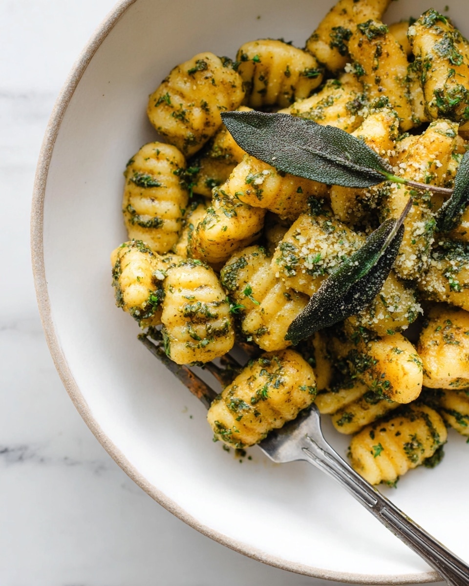 The image shows a white bowl filled with small, ridged pieces of gnocchi coated in a green herb sauce, with visible bits of parsley or similar herbs. Several whole crispy sage leaves rest on top of the gnocchi, adding texture and color. The gnocchi are golden yellow with specks of green seasoning throughout. A metal fork holds a few pieces of gnocchi slightly lifted from the bowl. The background is a white marbled surface. Photo taken with an iphone --ar 4:5 --v 7