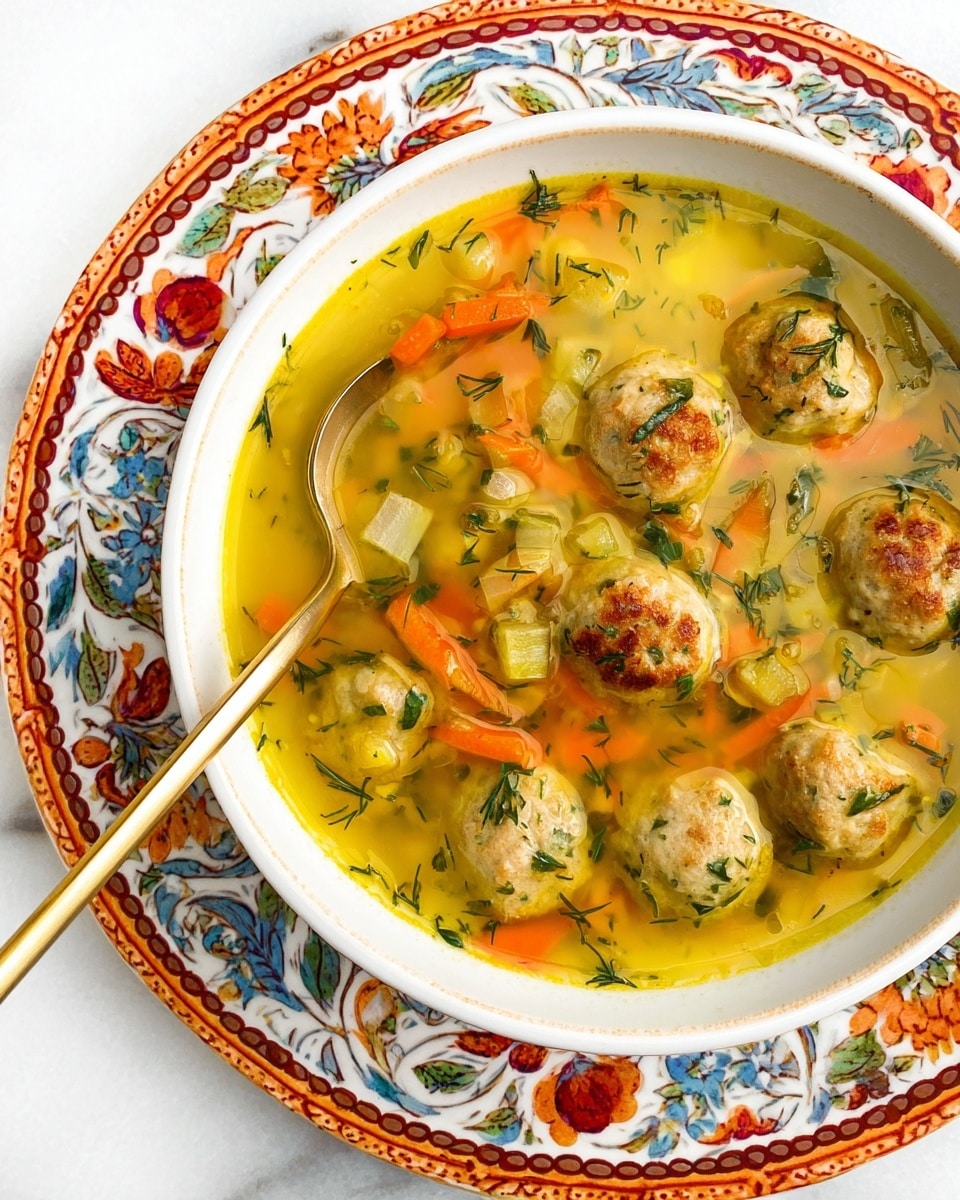 A white bowl filled with a yellow broth soup with small light brown meatballs, orange carrot strips, pieces of light green celery, and small green herb leaves scattered throughout. The bowl sits on a large white plate decorated with a colorful floral pattern in red, orange, green, blue, and beige. The background is a white marbled surface. A golden spoon is placed inside the bowl, resting on the left side near the rim. Photo taken with an iphone --ar 4:5 --v 7