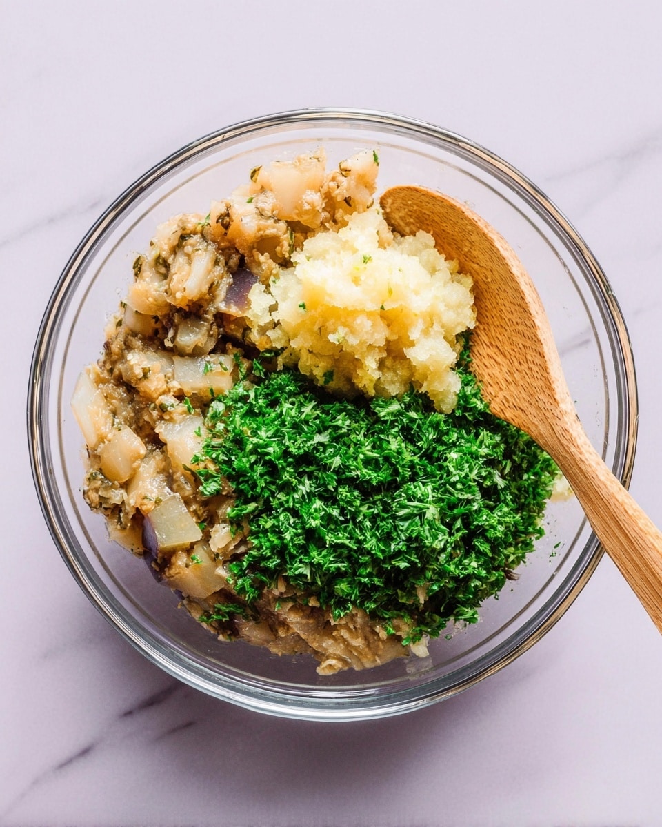 A clear glass bowl holds three main layers: the bottom layer is a chunky mix of light brown cooked eggplant with soft texture, the middle layer has a small heap of pale yellow mashed garlic or lemon with a smooth texture, and the top layer is a bright green pile of finely chopped fresh parsley. A wooden spoon rests on the right edge of the bowl, partially immersed in the bowl's contents. The bowl is placed on a white marbled surface. photo taken with an iphone --ar 4:5 --v 7