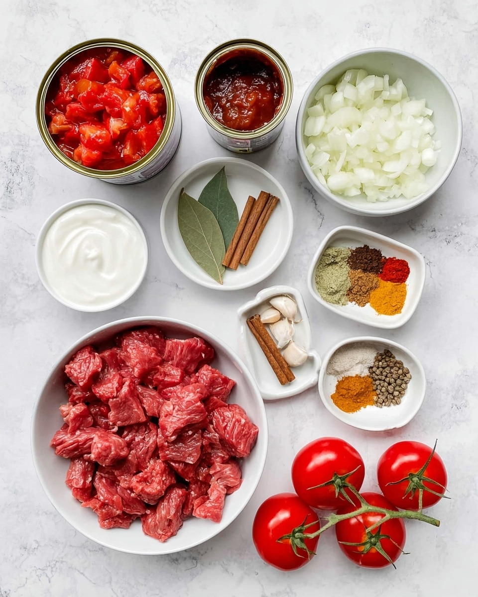 The image shows different ingredients arranged neatly on a white marbled surface. In the center-left, there is a white bowl filled with raw cubed red meat. Above it, an opened can of bright red diced tomatoes and a smaller opened can of dark red tomato paste are placed side by side. To the top right, there is a white bowl containing chopped white onions. Below it, a small white bowl holds minced garlic and ginger with a green bay leaf resting on top. Next to it, another white bowl contains assorted ground spices in warm colors like red, brown, and yellow. In the middle, there is a small white dish with two cinnamon sticks and green cardamom pods. Towards the bottom left, a white bowl contains plain white yogurt or cream. Near the bottom right corner, three fresh red tomatoes still attached to their green vine lie on the surface. The setup is clean and organized for cooking preparation, photo taken with an iphone --ar 4:5 --v 7