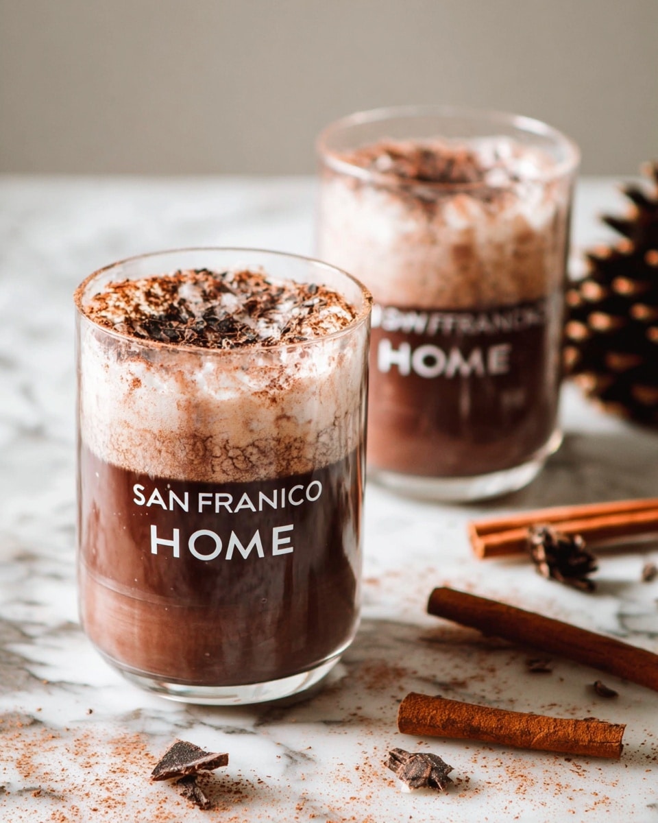 Two clear glass cups filled with hot chocolate sit on a white marbled surface. Each cup has a thick dark brown layer of chocolate at the bottom and a lighter creamy froth on top sprinkled with cocoa powder and small chocolate shavings. One cup is closer in the front with the words