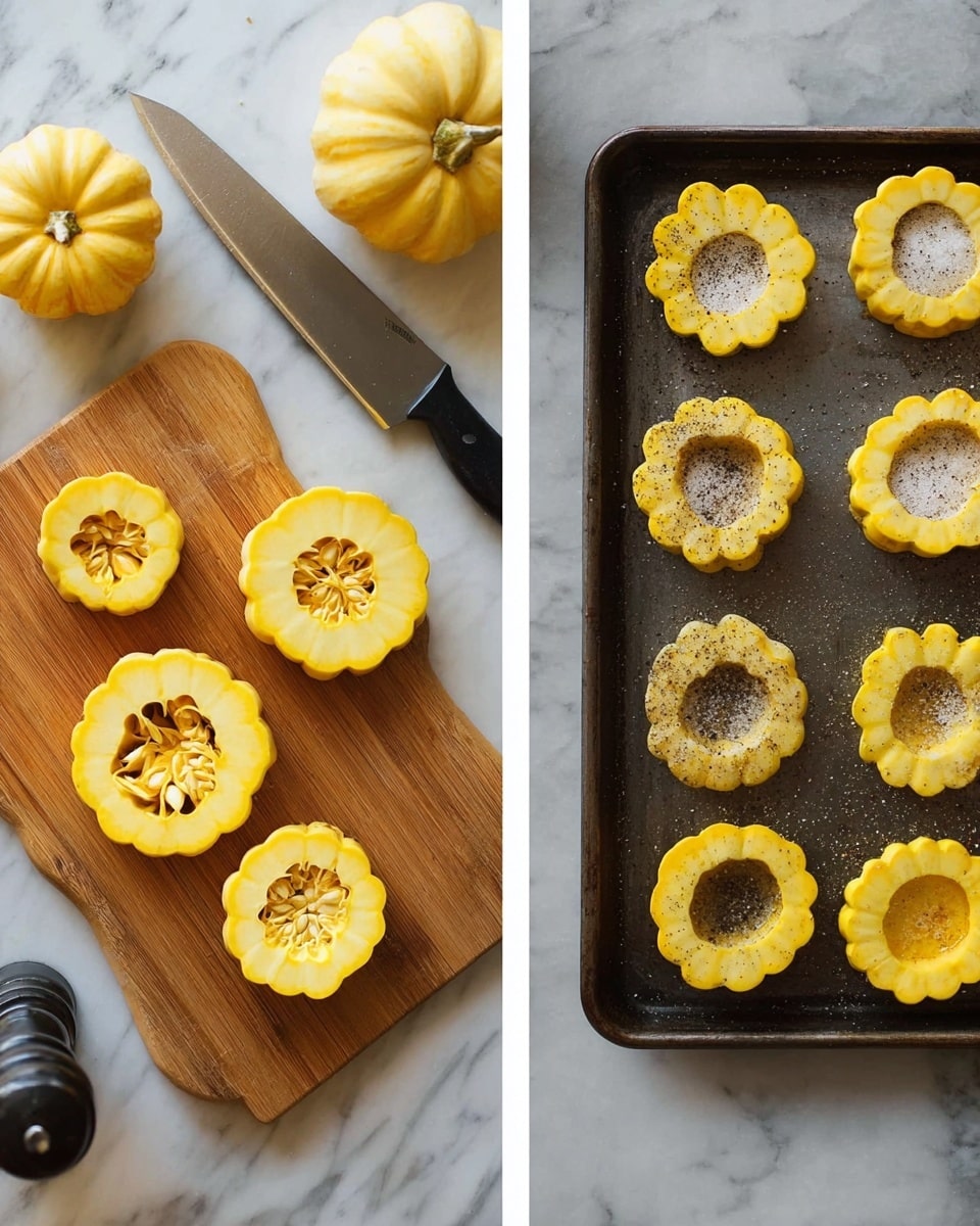 Two images side by side show different stages of preparing yellow pattypan squash. On the left, there is a white marbled surface with a wooden cutting board holding four slices of the squash, each with scalloped edges and visible seeds in the center, plus two more squashes, one whole and one just sliced. A large knife with a black handle lies beside the board. On the right image, the squash slices are arranged evenly in three rows on a dark metal baking tray. The slices are sprinkled with black pepper. In the background on the white marbled surface are a salt and pepper mill. Photo taken with an iphone --ar 4:5 --v 7