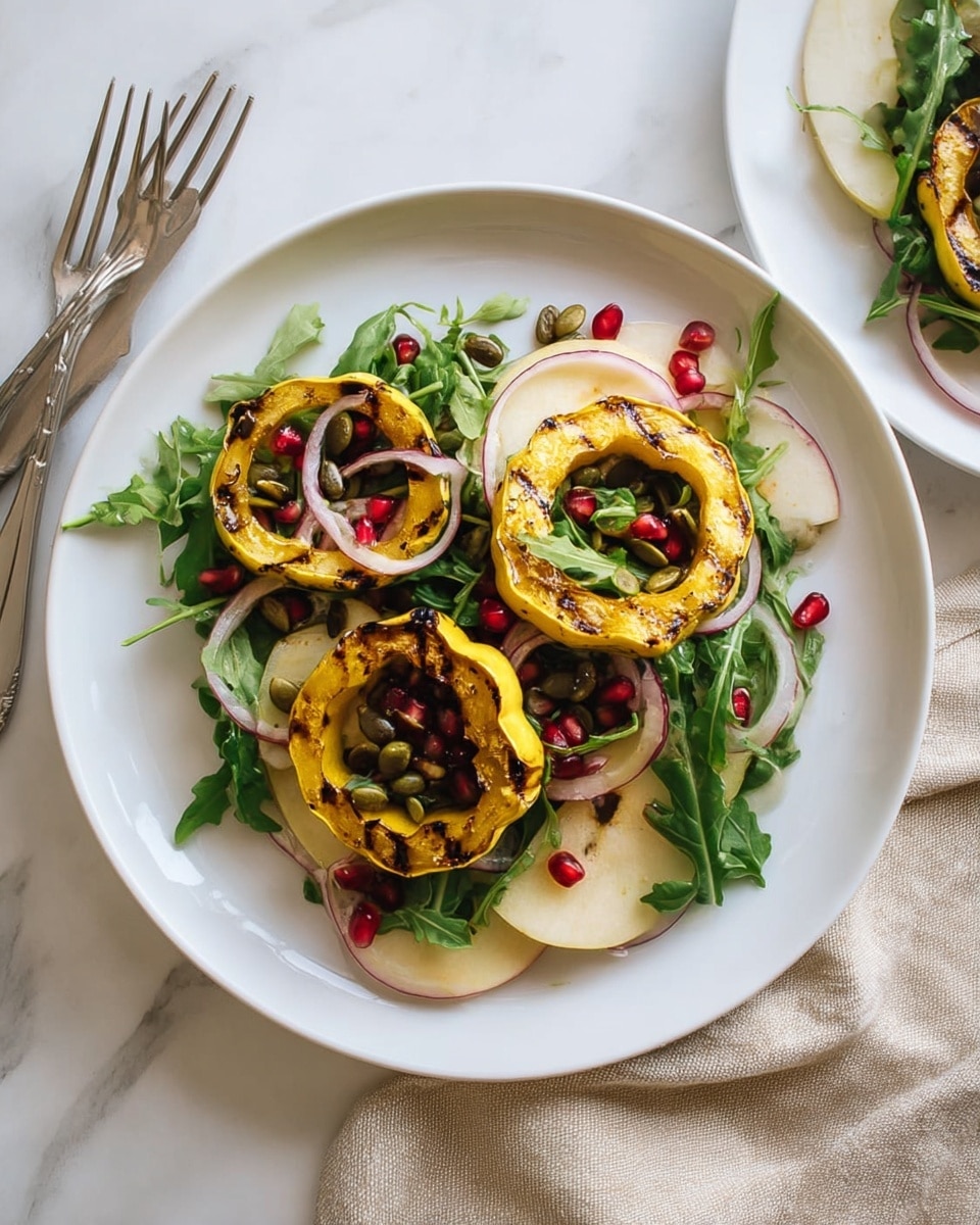 On a white plate, there are three grilled yellow squash rings with light brown grill marks, placed on a bed of mixed green leaves including arugula. Scattered around and inside the squash rings are thinly sliced red onions, small green pumpkin seeds, and bright red pomegranate seeds. There are also light cream-colored wedges of a fruit or vegetable layered under and around the squash. The plate is set on a white marbled surface next to a beige cloth and a silver fork and knife. Photo taken with an iphone --ar 4:5 --v 7