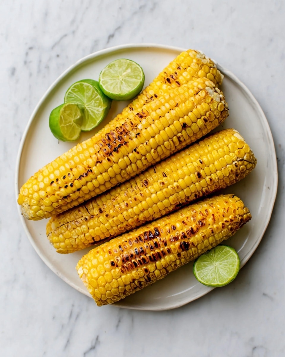 A white round plate on a white marbled surface holds four grilled corn cobs with golden yellow kernels and scattered dark brown grill marks. At the top left side of the plate, three lime wedges with bright green skin and light green flesh are arranged, and one halved lime with visible juicy inside sits at the bottom right of the plate. The corn cobs are evenly placed side by side, filling most of the plate's space. photo taken with an iphone --ar 4:5 --v 7