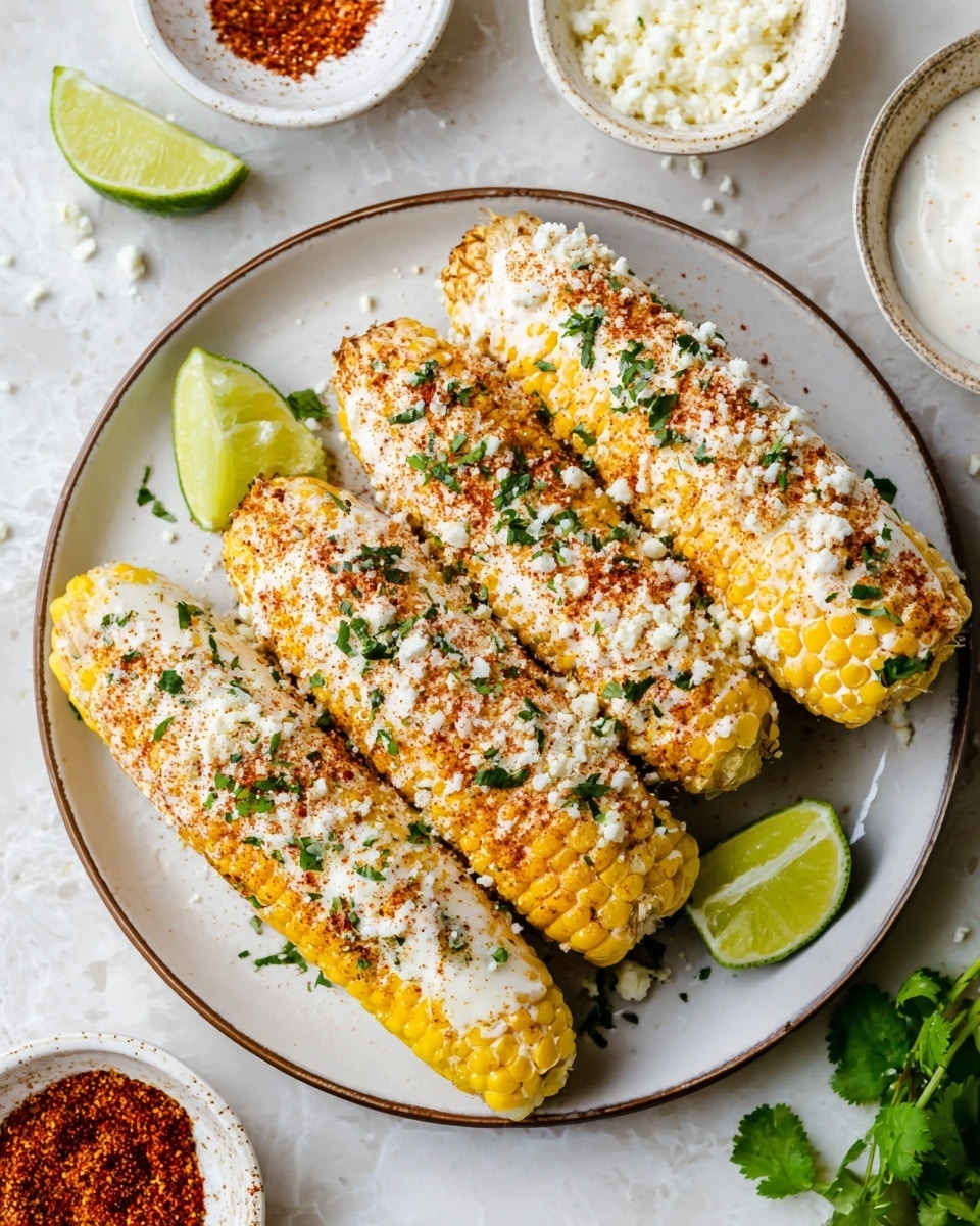 The image shows four corn cobs on a white plate with a thin brown rim. Each corn cob is golden yellow with a creamy white layer of sauce spread over them, sprinkled with small white cheese crumbles and dusted with red chili powder. Green chopped herbs are scattered on top of the corn, adding a fresh color contrast. On the plate, there are also three lime wedges positioned around the corn. The plate is set on a white marbled textured surface with partial views of smaller white bowls containing red chili powder and some white crumbly cheese, and a white bowl with a creamy sauce. A few cilantro leaves are visible near the bottom right corner of the image. photo taken with an iphone --ar 4:5 --v 7