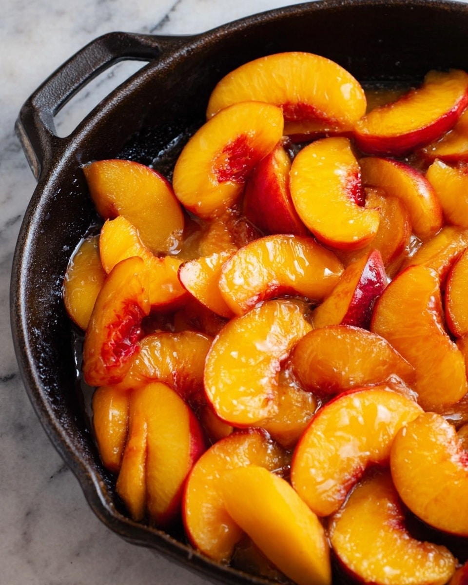 A close-up view of a black cast iron pan filled with soft, cooked peach slices. The peaches have a golden-yellow and orange color with their red skins showing on some slices, creating a shiny, sticky texture from cooking. The pan handle is visible on the left side, and the background is a white marbled surface. photo taken with an iphone --ar 4:5 --v 7
