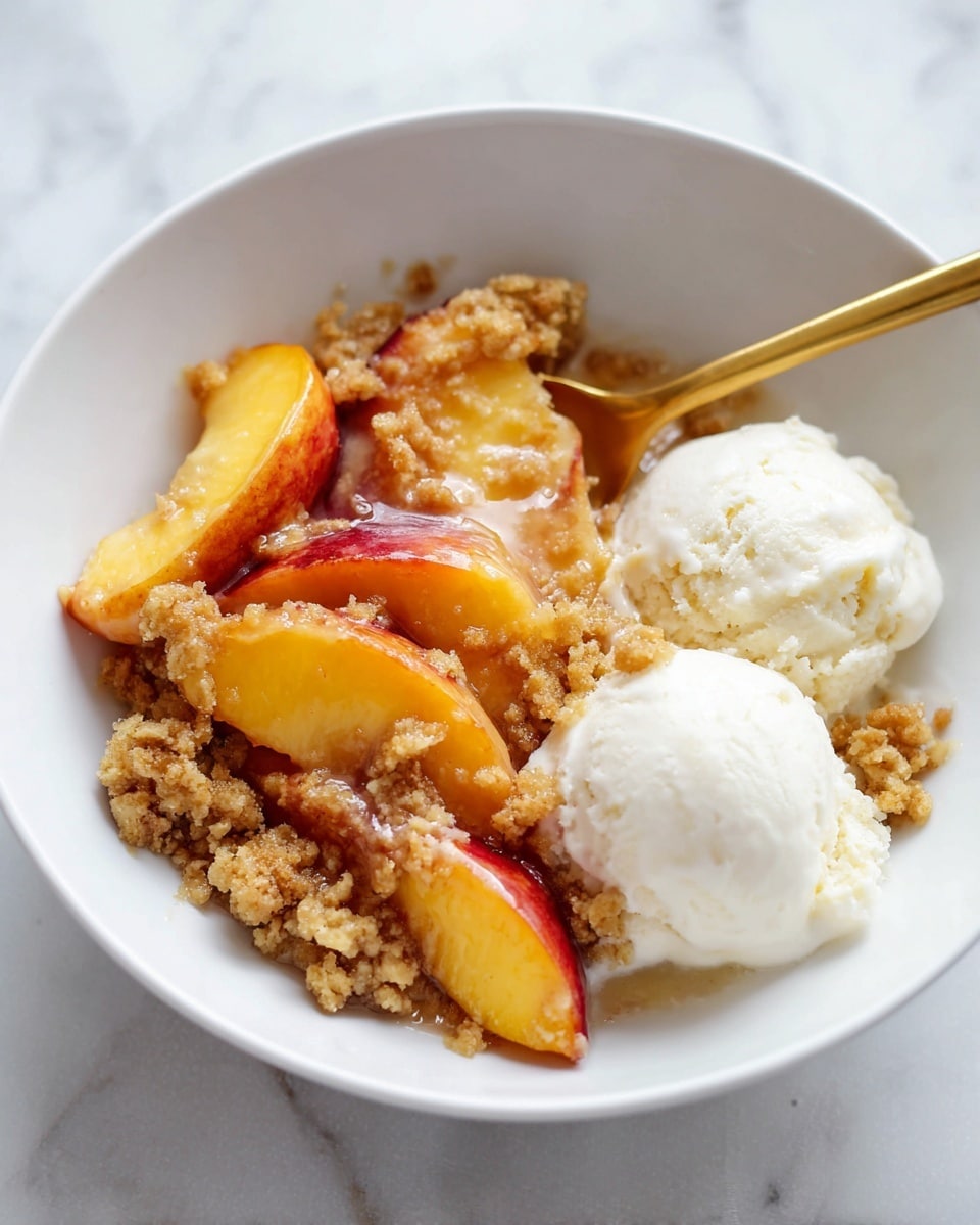 A white bowl holds a dessert with three main layers: at the bottom right, two creamy white scoops of ice cream with a smooth texture slightly melting; to the left, soft peach slices with bright orange and reddish skin, glossy and juicy; on top of the peaches, a crumbly golden brown streusel with a rough texture, covering parts of the fruit and creating a crunchy contrast. A gold spoon rests inside the bowl, reflecting light, and the bowl sits on a white marbled surface. Photo taken with an iphone --ar 4:5 --v 7