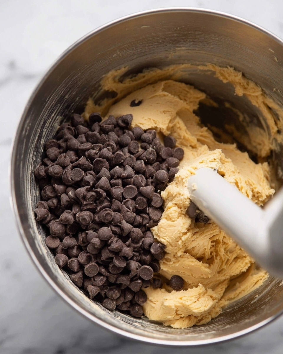 A close-up of a silver mixing bowl filled with two layers: a thick, light beige cookie dough with a soft, creamy texture that fills most of the bowl, and a pile of dark brown, shiny chocolate chips resting on top toward the right side. A white mixer paddle blade is partially covered in dough and positioned diagonally across the bowl. The bowl sits on a surface with a white marbled texture. Photo taken with an iphone --ar 4:5 --v 7