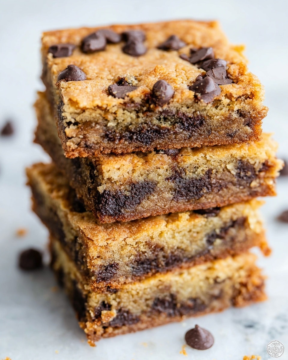 A stack of four square chocolate chip cookie bars is shown on a white marbled surface. Each bar has a golden brown crust with a slightly crispy texture and is filled with scattered dark chocolate chips inside and on top. The top bar shows a crumbly texture with melting chocolate chips on the surface, while the inside layers reveal a dense, moist, and slightly grainy cookie dough with dark chocolate bits embedded throughout. Photo taken with an iphone --ar 4:5 --v 7