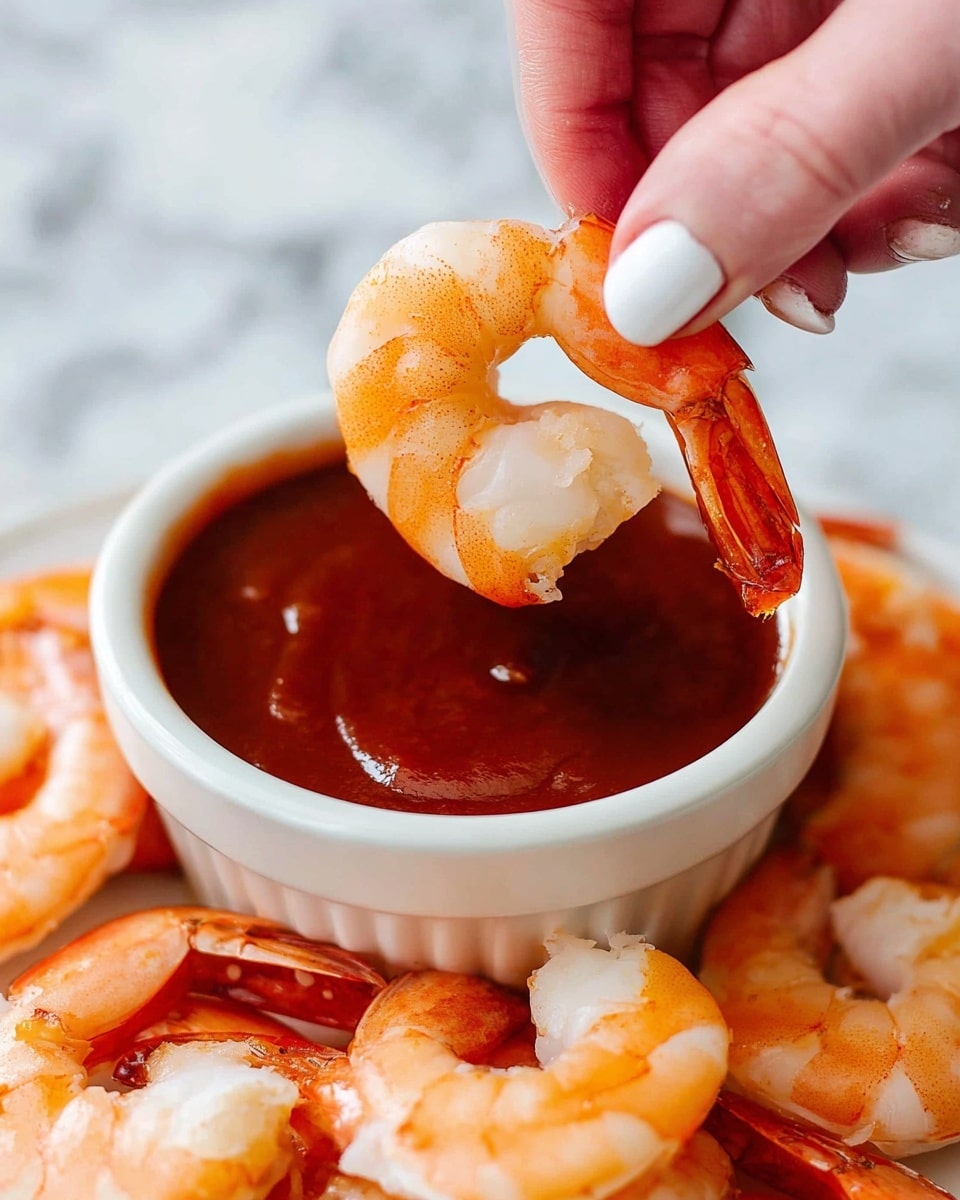 A round white plate is filled with a ring of cooked shrimp, their pink-orange shells and white flesh resting on a bed of clear ice cubes, forming the first layer. In the center sits a small white cup, filled with a thick, glossy dark red sauce, and a silver spoon inside it. Around the plate, there are three lemon wedges placed at the front, showing a bright yellow color. At the top right corner of the plate, a bunch of fresh green parsley adds a vibrant touch. The background is a white marbled texture. photo taken with an iphone --ar 4:5 --v 7