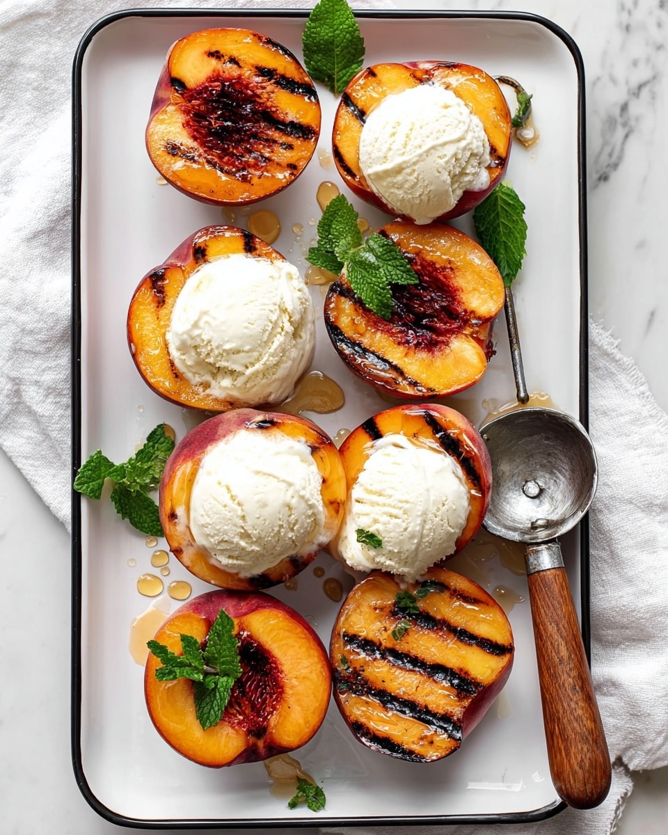 The image shows eight peach halves with dark grill marks on their orange flesh, arranged on a white tray with a black rim. Three of the peach halves each have a scoop of creamy white ice cream on top, slightly melting and smooth in texture. The peaches are bright with charred lines across their surface, and some have fresh green mint leaves placed on them for garnish. Small drops of honey or syrup are scattered over the peaches and tray, adding a glossy shine. A metal ice cream scooper with a wooden handle rests on the tray, holding another scoop of ice cream. The background is a white marbled surface with a white cloth partially visible on the side. Photo taken with an iphone --ar 4:5 --v 7