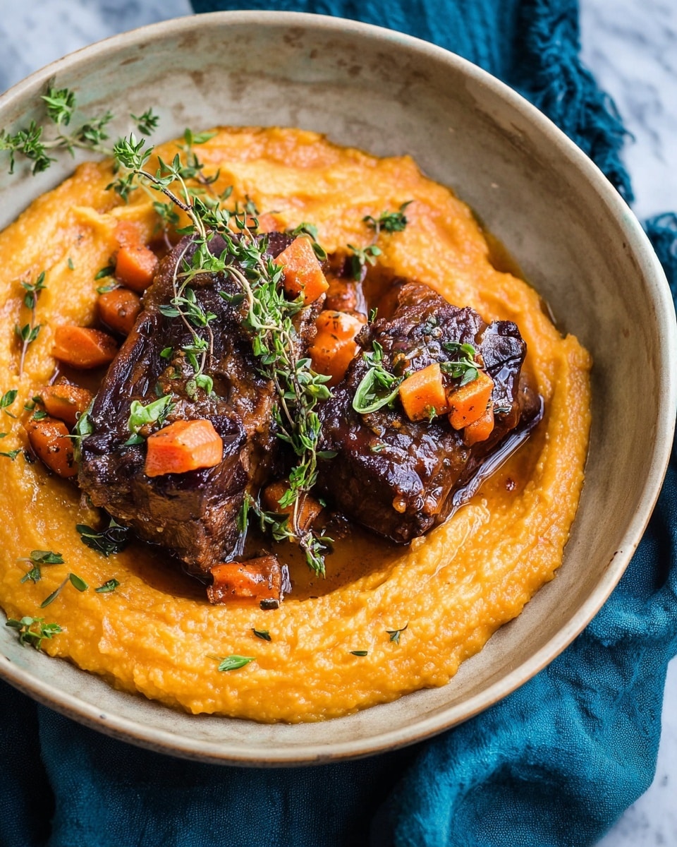 The image shows a light beige bowl filled with three layers: the bottom layer is a thick, creamy orange puree with a smooth texture, topped by two dark brown glossy pieces of meat placed side by side in the middle, each piece garnished with small carrot chunks and light green herb sprigs scattered on and around the meat. The dish sits on a white marbled surface, with a dark blue cloth partially visible underneath the bowl. photo taken with an iphone --ar 4:5 --v 7